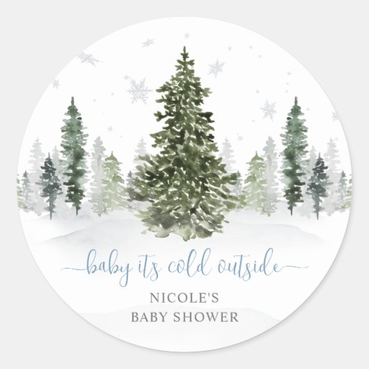 Waterverf Winter Forest Blue Baby shower Ronde Sticker (Voorkant)