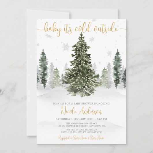 Waterverf Winter Forest Gold Baby shower Kaart (Voorkant)