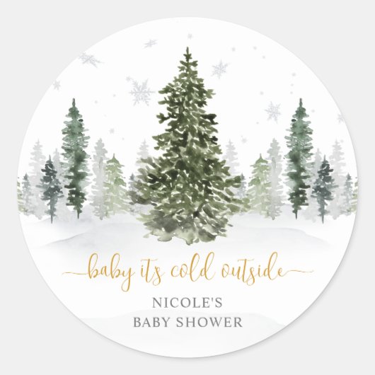 Waterverf Winter Forest Gold Baby shower Ronde Sticker (Voorkant)
