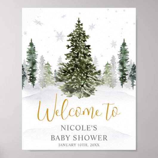 Waterverf Winter Forest Gold Baby shower Welkom Poster (Voorkant)