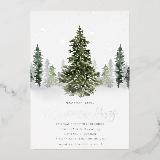 Waterverf Winter Forest Kerstparty Silver Folie Uitnodiging (Voorkant)