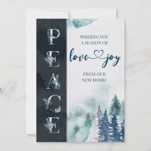 Waterverf Winter Forest Peace Love Joy Moving Aankondiging (Voorkant)