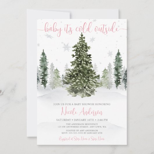 Waterverf Winter Forest Pink Baby shower Kaart (Voorkant)