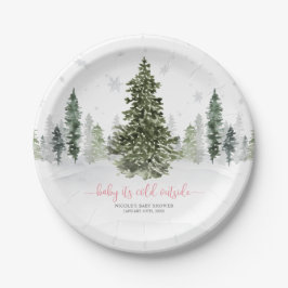 Waterverf Winter Forest Pink Baby shower Papieren Bordje
