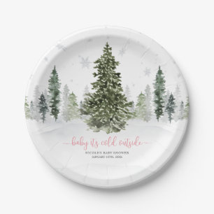 Waterverf Winter Forest Pink Baby shower Papieren Bordje