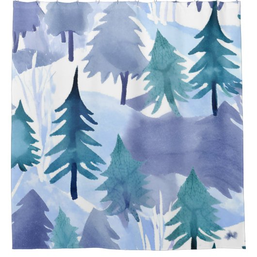 Waterverf Winter Forest Seamless Pattern Douchegordijn (Voorkant)