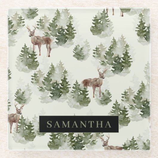 Waterverf Winter Forest Seamless Pattern Glazen Onderzetter (Voorkant)