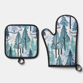 Waterverf Winter Forest Seamless Pattern Ovenwant & Pannenlap Set