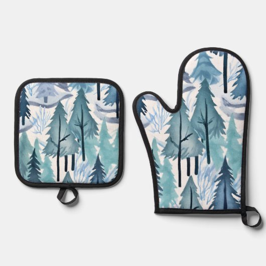 Waterverf Winter Forest Seamless Pattern Ovenwant & Pannenlap Set (Voorkant)