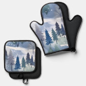 Waterverf Winter Forest Seamless Pattern Ovenwant & Pannenlap Set (Voorkant / Achterkant)
