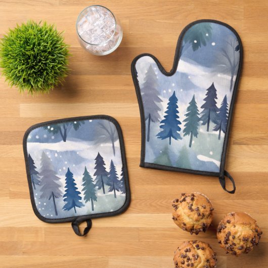 Waterverf Winter Forest Seamless Pattern Ovenwant & Pannenlap Set (Top down)
