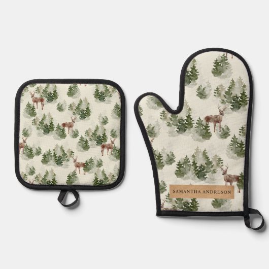 Waterverf Winter Forest Seamless Pattern Ovenwant & Pannenlap Set (Voorkant)