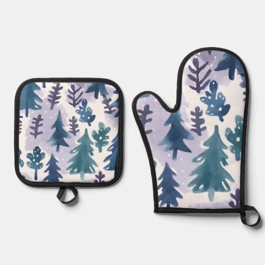Waterverf Winter Forest Seamless Pattern Ovenwant & Pannenlap Set (Voorkant)