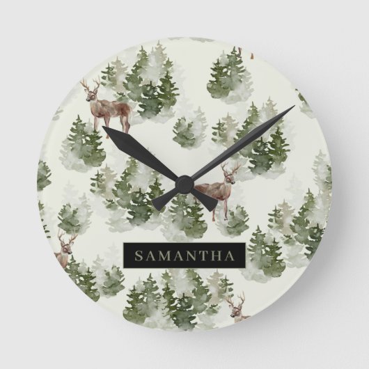 Waterverf Winter Forest Seamless Pattern Ronde Klok (Voorkant)