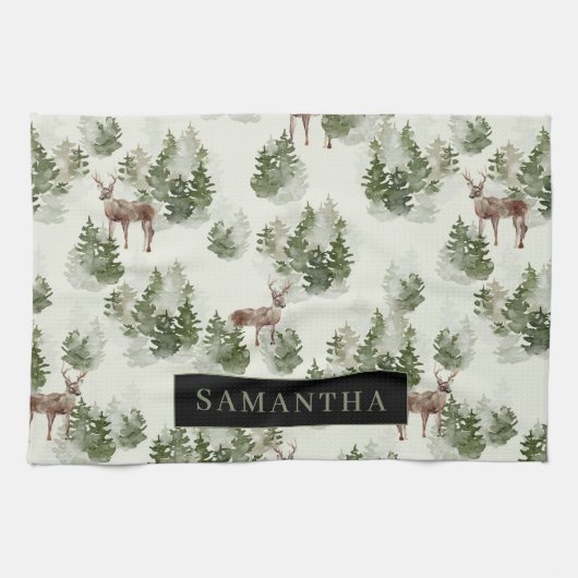 Waterverf Winter Forest Seamless Pattern Theedoek (Horizontaal)