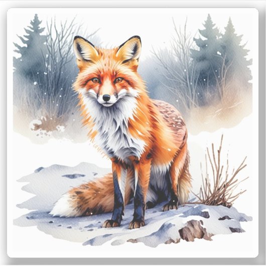 Waterverf Winter Fox Sticker (Voorkant)