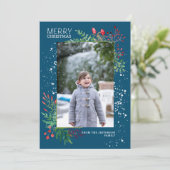 Waterverf Winter Greenery Blue Kerstfoto Feestdagenkaart (Staand voorkant)