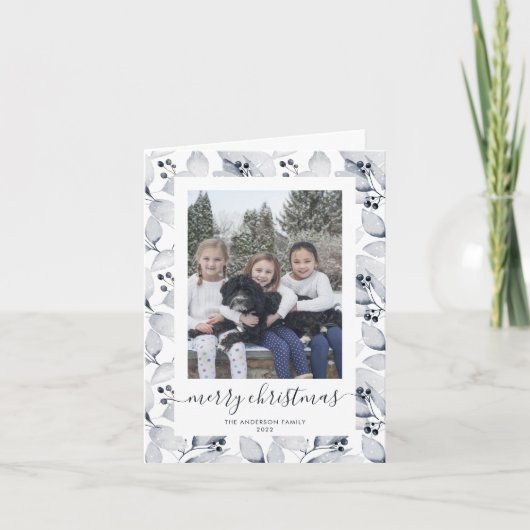 Waterverf Winter Greenery Foto Merry Kerstmis Feestdagen Kaart (Voorkant)