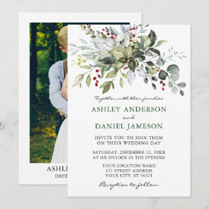 Waterverf Winter Greenery Foto Wedding Kaart