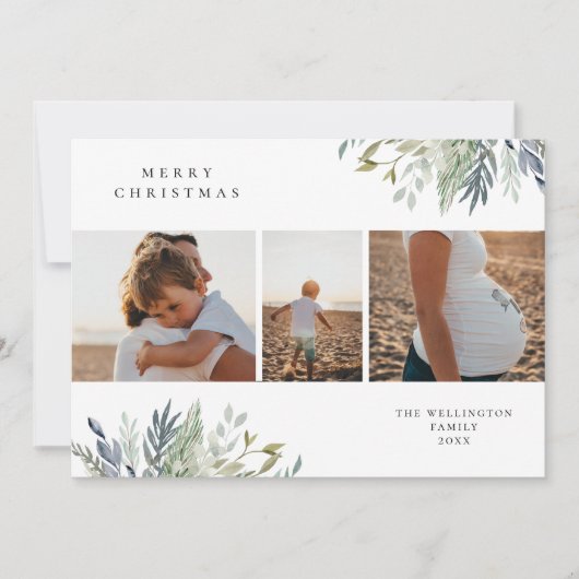 Waterverf Winter Greenery Holiday Foto Collage Feestdagenkaart (Voorkant)