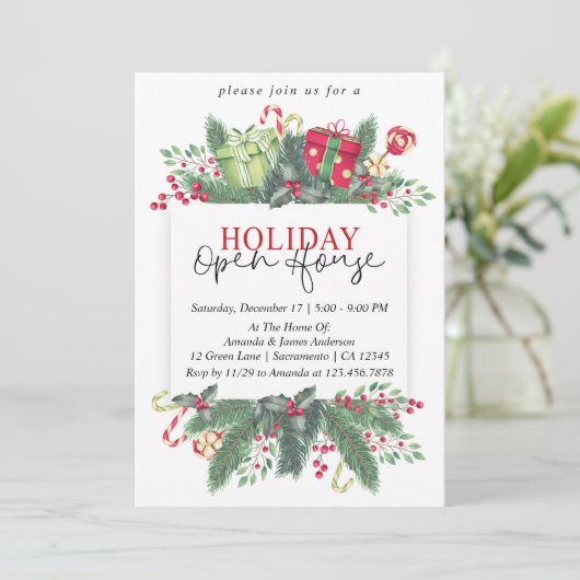 Waterverf Winter Greenery Holiday Open House Kaart (Staand voorkant)
