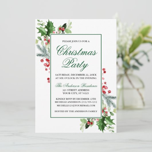 Waterverf Winter Greenery Holly Kerstfeest Kaart (Staand voorkant)