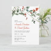 Waterverf Winter Greenery & Red Berries Wedding Kaart (Staand voorkant)