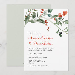 Waterverf Winter Greenery & Red Berries Wedding Kaart