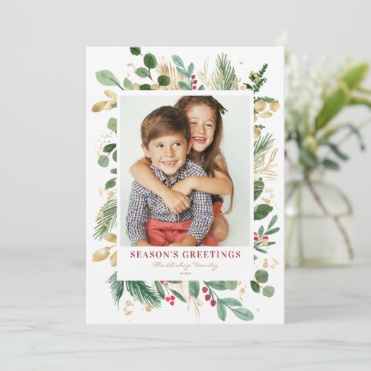 Waterverf Winter Greenery Season's Greetings Feestdagenkaart (Staand voorkant)