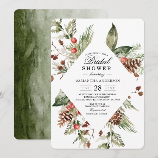 Waterverf Winter Groene Dennenboom & Dennenappel Kaart (Voorkant / Achterkant)