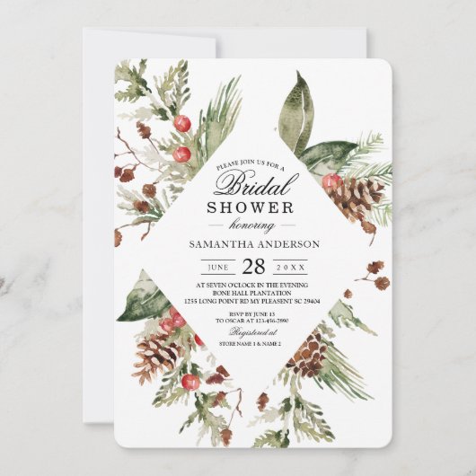 Waterverf Winter Groene Dennenboom & Dennenappel Kaart (Voorkant)