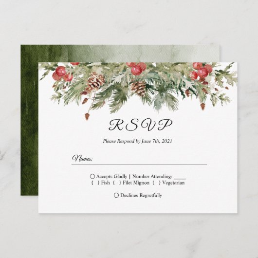 Waterverf Winter Groene Dennenboom & Dennenappel Uitnodiging Briefkaart (Voorkant / Achterkant)