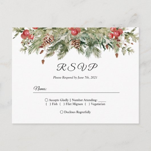 Waterverf Winter Groene Dennenboom & Dennenappel Uitnodiging Briefkaart (Voorkant)