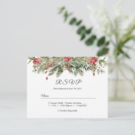 Waterverf Winter Groene Dennenboom & Dennenappel Uitnodiging Briefkaart (Staand voorkant)