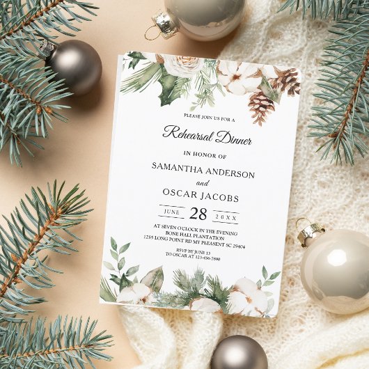 Waterverf Winter Groene Dennenboom & Witte Bloemen Kaart