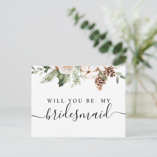 Waterverf Winter Groene Dennenboom & Witte Bloemen Uitnodiging Briefkaart (Staand voorkant)