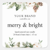 waterverf Winter Groene Pijnboom & Witte Bloemen Vierkante Sticker (Voorkant)