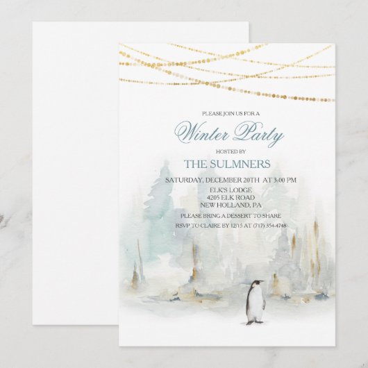 Waterverf Winter Holiday Party Penguin Invitation (Voorkant / Achterkant)