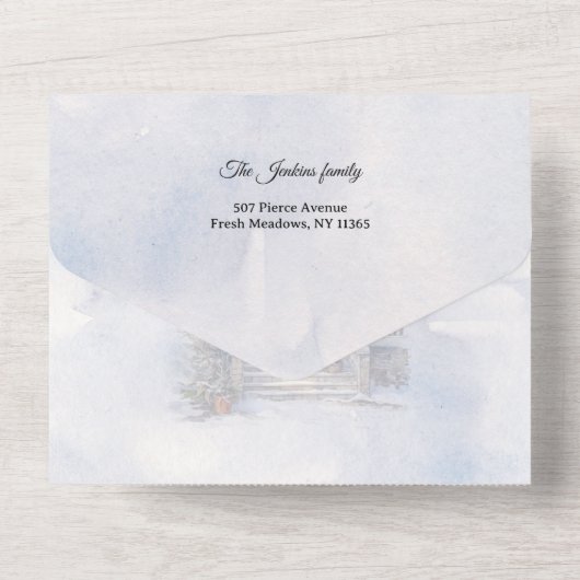 Waterverf Winter Home Kerstmis Groeten All In One Uitnodiging (Achterkant)