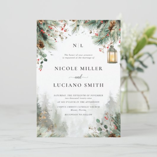 Waterverf Winter Kerstmis Greenery Wedding Kaart (Staand voorkant)