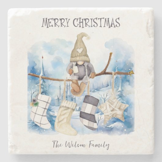 Waterverf Winter Lady Gnome Vrolijk kerstfeest Stenen Onderzetter (Voorkant)