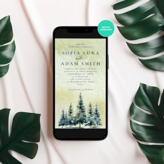 Waterverf Winter Mountain Trees bruiloft Kaart