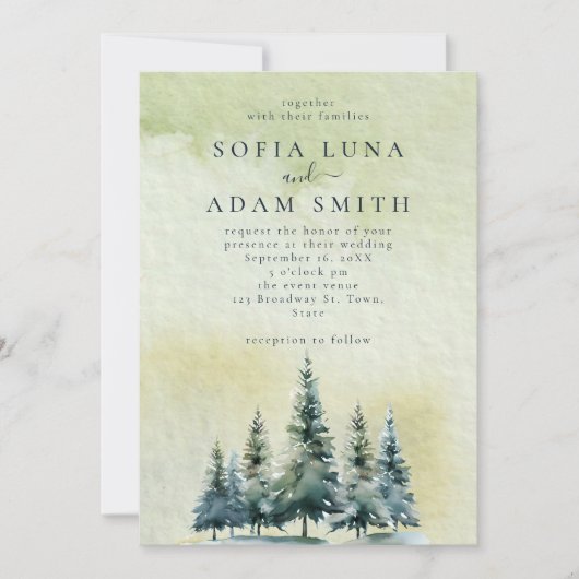 Waterverf Winter Mountain Trees bruiloft Kaart (Voorkant)