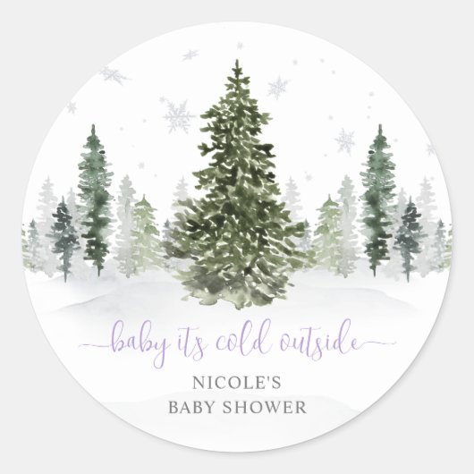 Waterverf Winter Paars Baby shower Ronde Sticker (Voorkant)