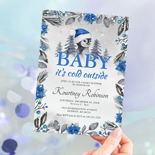 Waterverf Winter Penguin Blue Baby shower Kaart