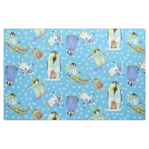 Waterverf Winter Penguins w Snowflakes Snowboard Stof