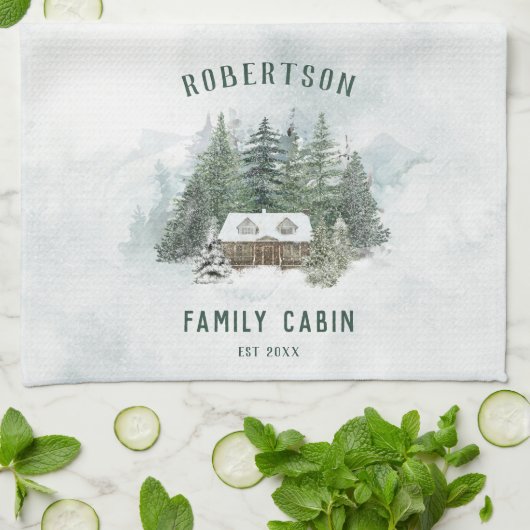 Waterverf Winter Pine Forest Family Cabin Theedoek (Gevouwen)