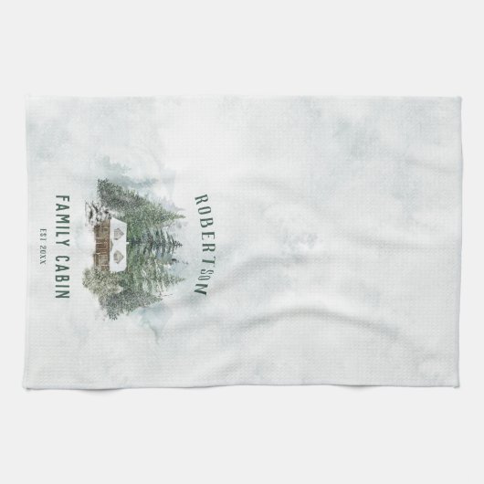 Waterverf Winter Pine Forest Family Cabin Theedoek (Horizontaal)