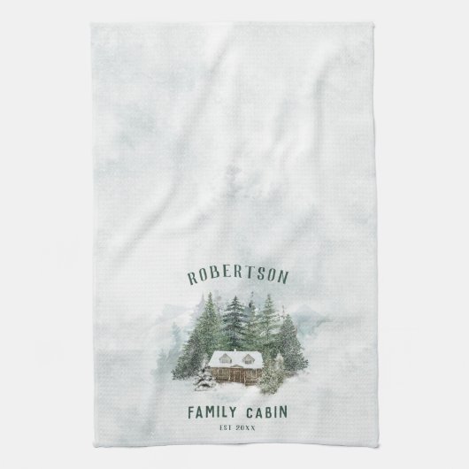 Waterverf Winter Pine Forest Family Cabin Theedoek (Verticaal)