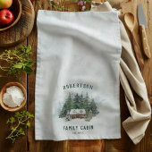 Waterverf Winter Pine Forest Family Cabin Theedoek